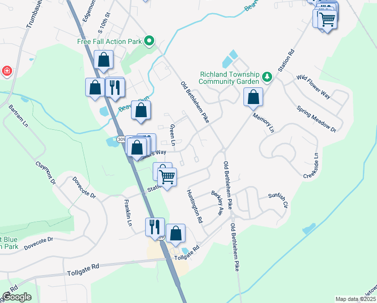 map of restaurants, bars, coffee shops, grocery stores, and more near 104 Laurel Court in Quakertown