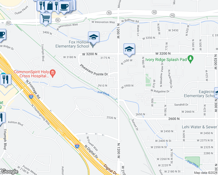 map of restaurants, bars, coffee shops, grocery stores, and more near 2889 North Bridalwood Loop in Lehi