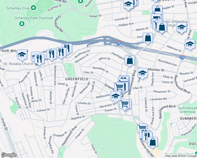 map of restaurants, bars, coffee shops, grocery stores, and more near 901 Deely Street in Pittsburgh