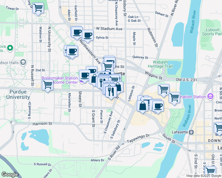 map of restaurants, bars, coffee shops, grocery stores, and more near 311 West State Street in West Lafayette