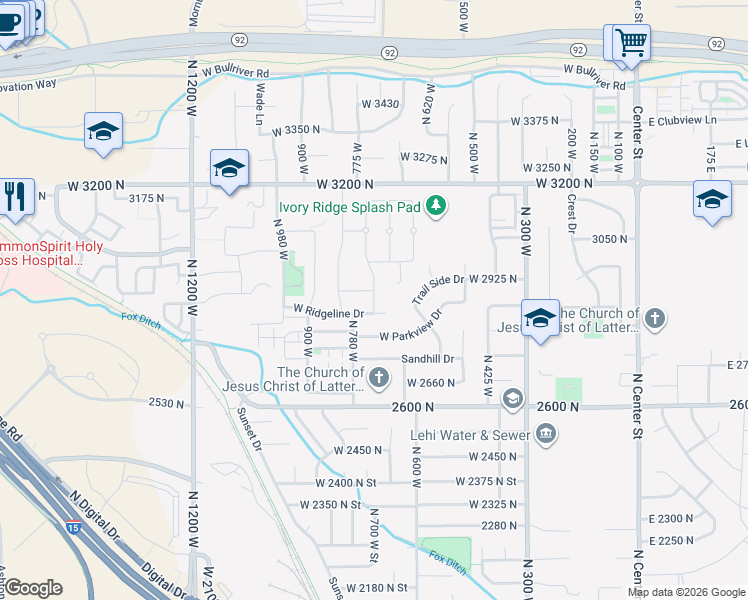 map of restaurants, bars, coffee shops, grocery stores, and more near Parkridge Drive in Lehi