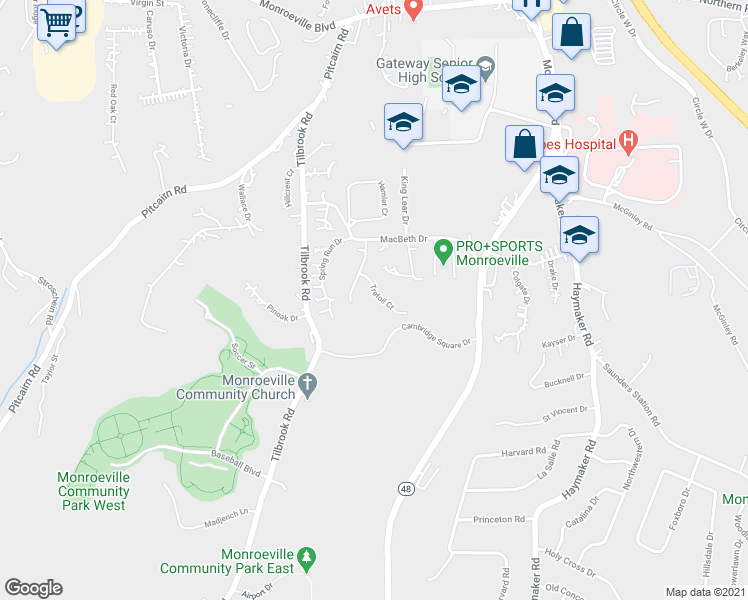 map of restaurants, bars, coffee shops, grocery stores, and more near 313 Trefoil Court in Monroeville