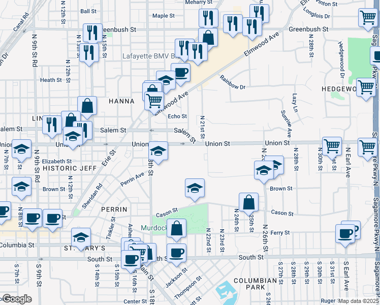map of restaurants, bars, coffee shops, grocery stores, and more near 2001 Union Street in Lafayette