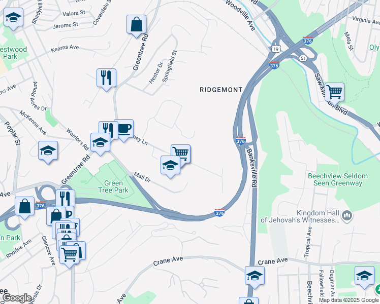 map of restaurants, bars, coffee shops, grocery stores, and more near 1158 McKinney Lane in Pittsburgh