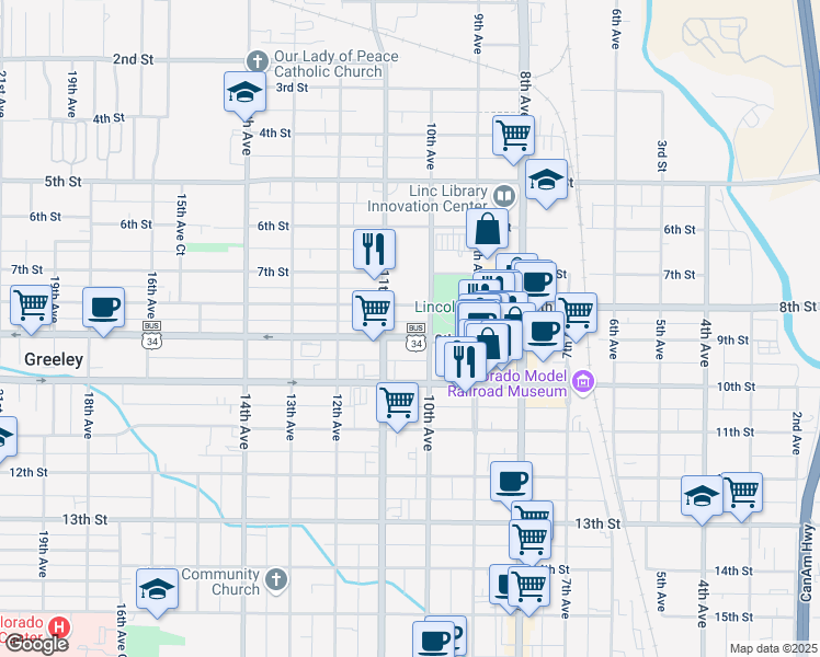 map of restaurants, bars, coffee shops, grocery stores, and more near 1018 9th Street in Greeley