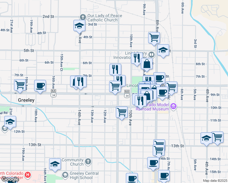 map of restaurants, bars, coffee shops, grocery stores, and more near 1114 9th Street in Greeley