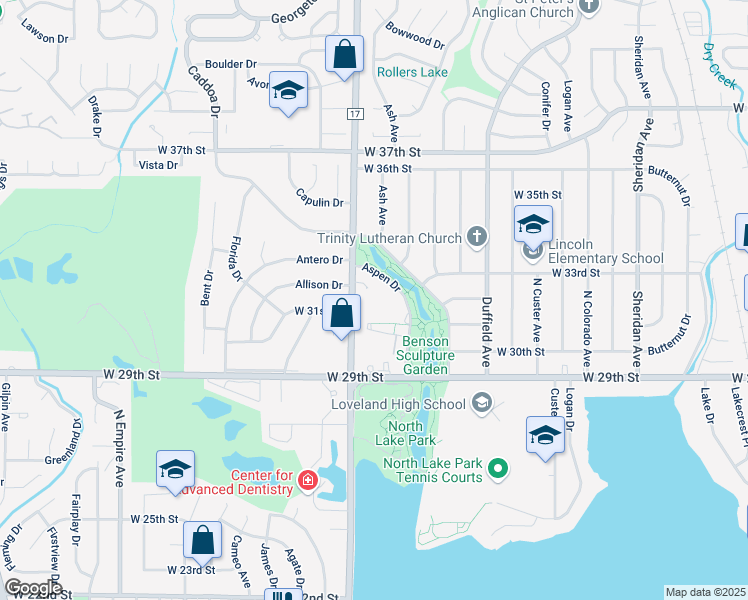 map of restaurants, bars, coffee shops, grocery stores, and more near 1315 Aspen Place in Loveland
