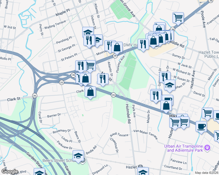 map of restaurants, bars, coffee shops, grocery stores, and more near 3400 New Jersey 35 in Hazlet