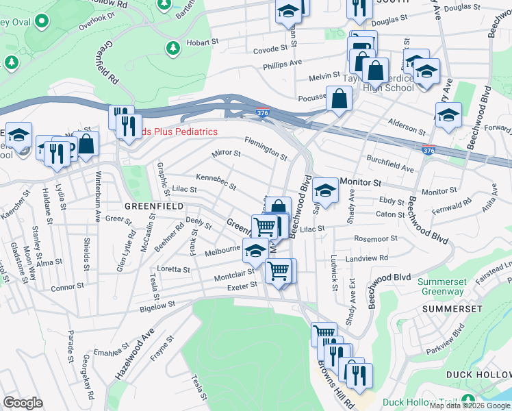 map of restaurants, bars, coffee shops, grocery stores, and more near 978 Lilac Street in Pittsburgh