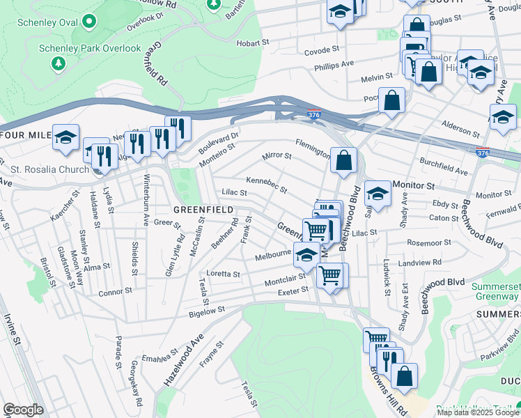 map of restaurants, bars, coffee shops, grocery stores, and more near 901 Deely Street in Pittsburgh