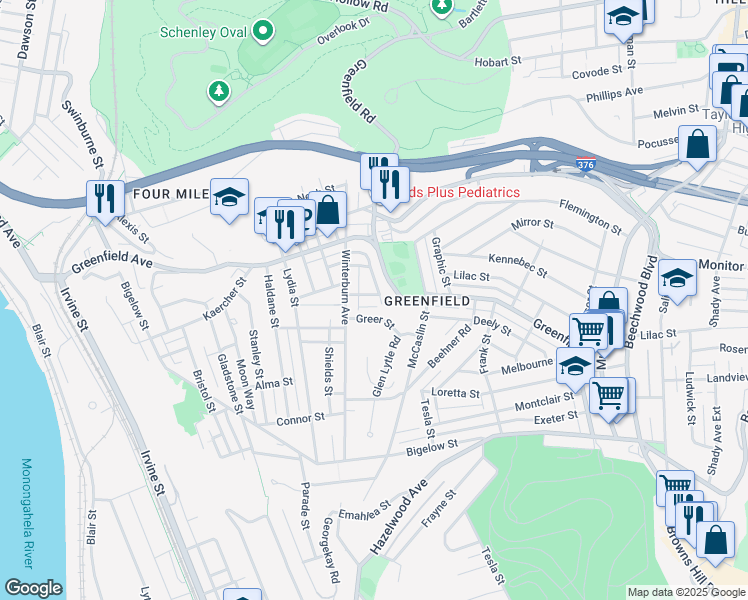 map of restaurants, bars, coffee shops, grocery stores, and more near 631 Greer Street in Pittsburgh