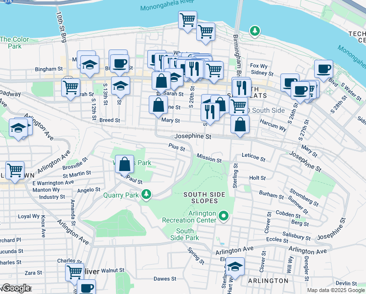map of restaurants, bars, coffee shops, grocery stores, and more near 2014 Gregory Street in Pittsburgh