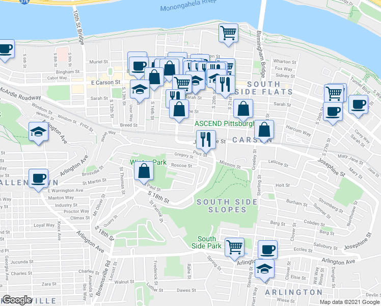 map of restaurants, bars, coffee shops, grocery stores, and more near 46 Magdalene Street in Pittsburgh