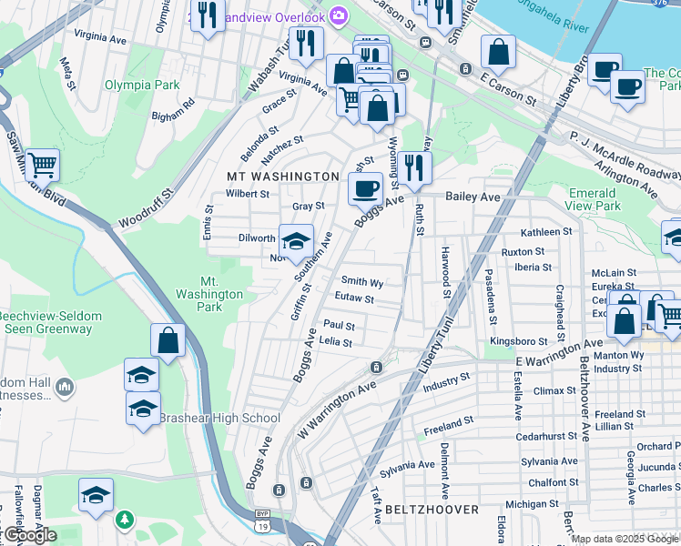 map of restaurants, bars, coffee shops, grocery stores, and more near 225 Eutaw Street in Pittsburgh