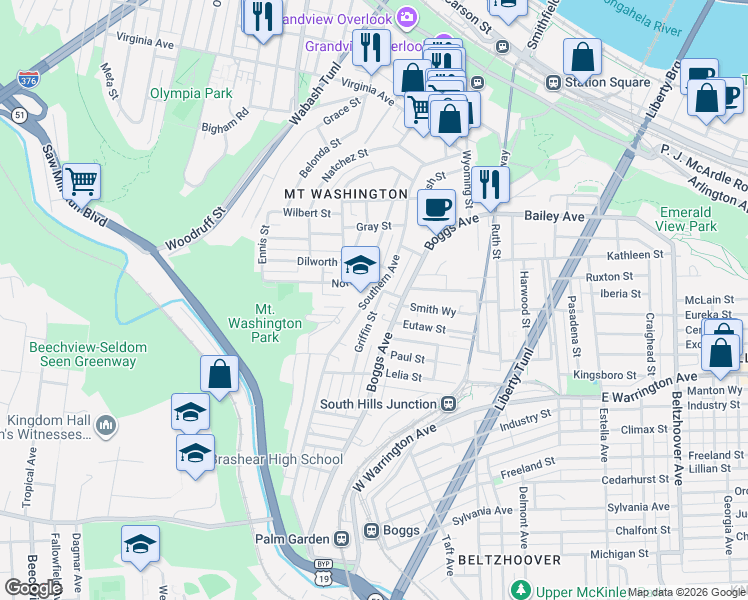map of restaurants, bars, coffee shops, grocery stores, and more near 430 Boggs Avenue in Pittsburgh