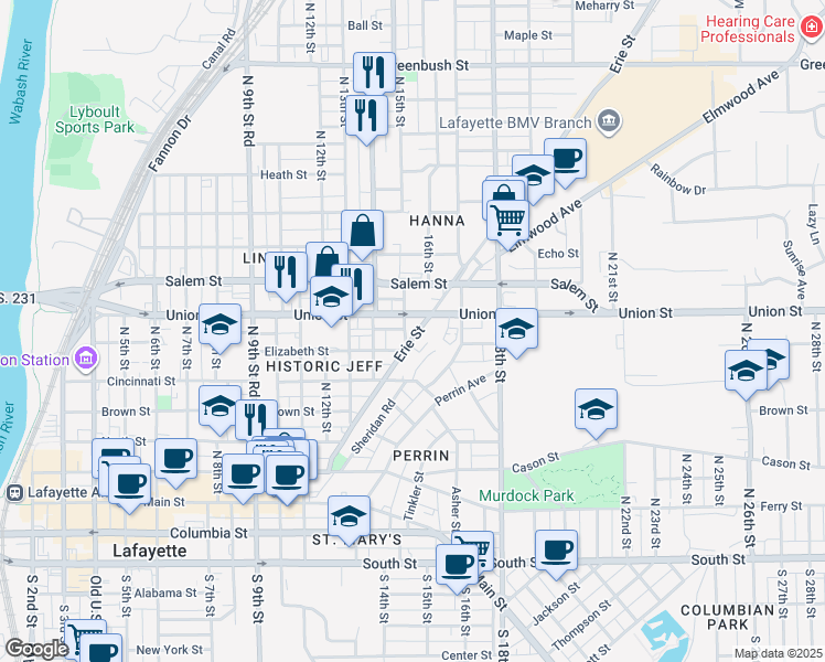 map of restaurants, bars, coffee shops, grocery stores, and more near 1500 Cincinnati St in Lafayette