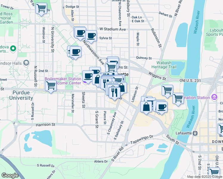 map of restaurants, bars, coffee shops, grocery stores, and more near 323 West State Street in West Lafayette