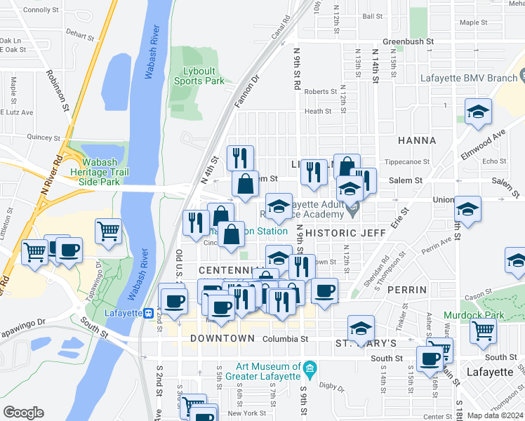 map of restaurants, bars, coffee shops, grocery stores, and more near 657 North 7th Street in Lafayette
