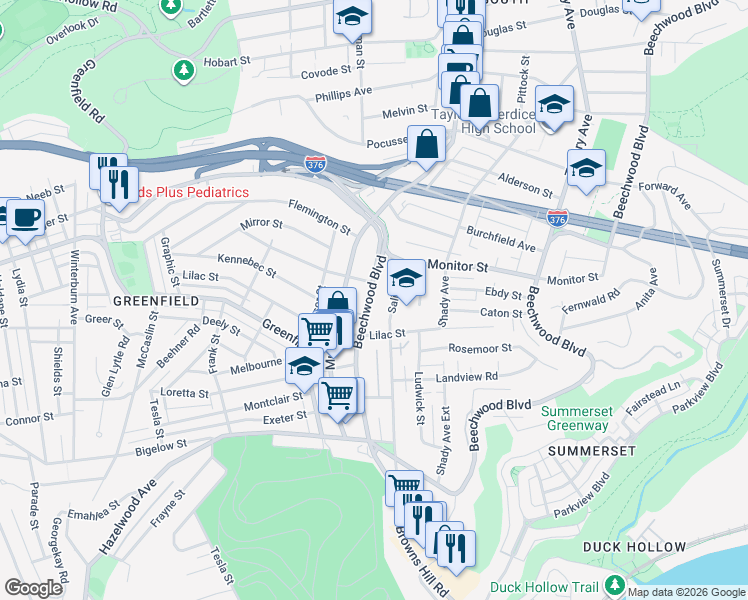 map of restaurants, bars, coffee shops, grocery stores, and more near 3529 Beechwood Boulevard in Pittsburgh