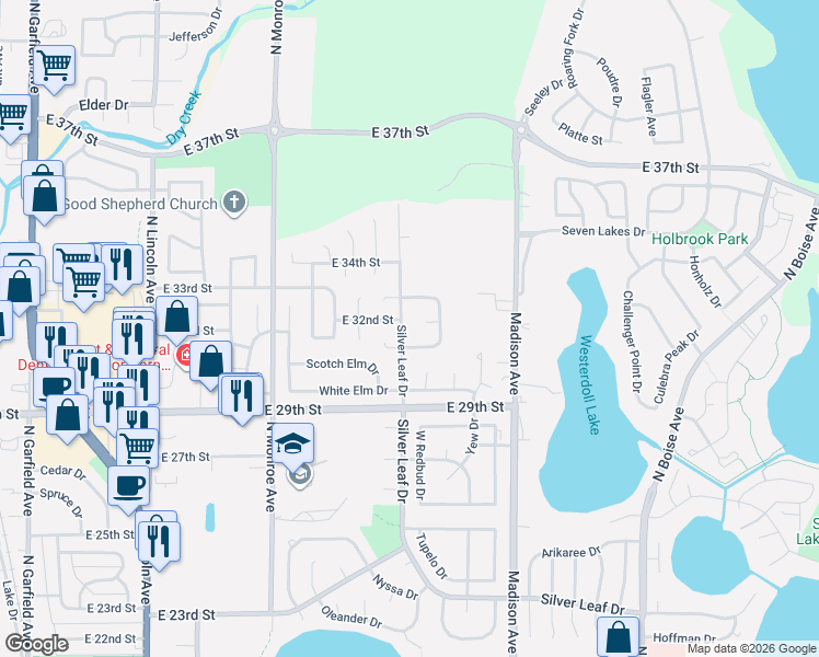 map of restaurants, bars, coffee shops, grocery stores, and more near 1000 Blue Spruce Drive in Loveland