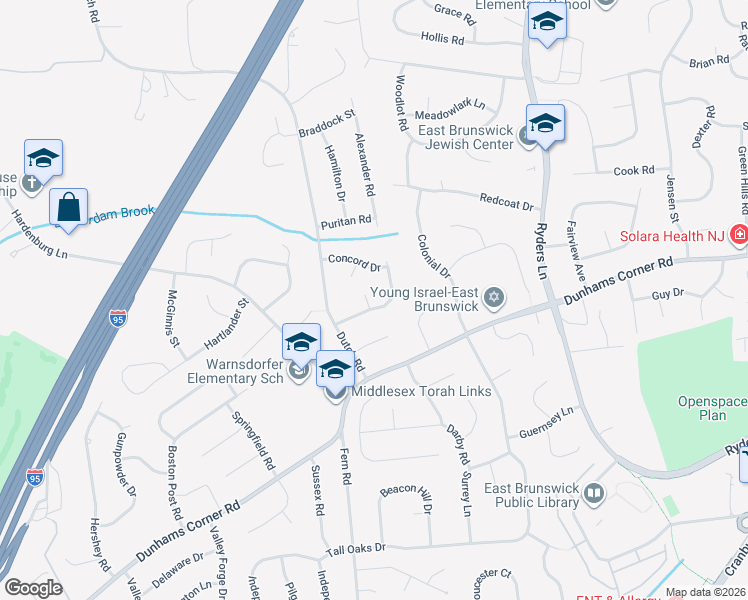map of restaurants, bars, coffee shops, grocery stores, and more near 6 Putnam Road in East Brunswick