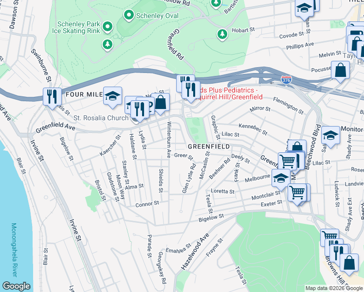 map of restaurants, bars, coffee shops, grocery stores, and more near 631 Greer Street in Pittsburgh