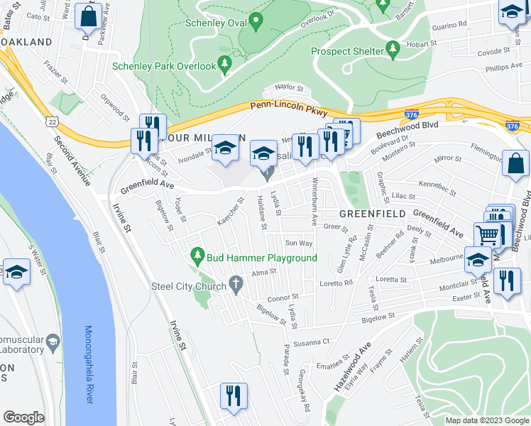 map of restaurants, bars, coffee shops, grocery stores, and more near 4123 Haldane Street in Pittsburgh