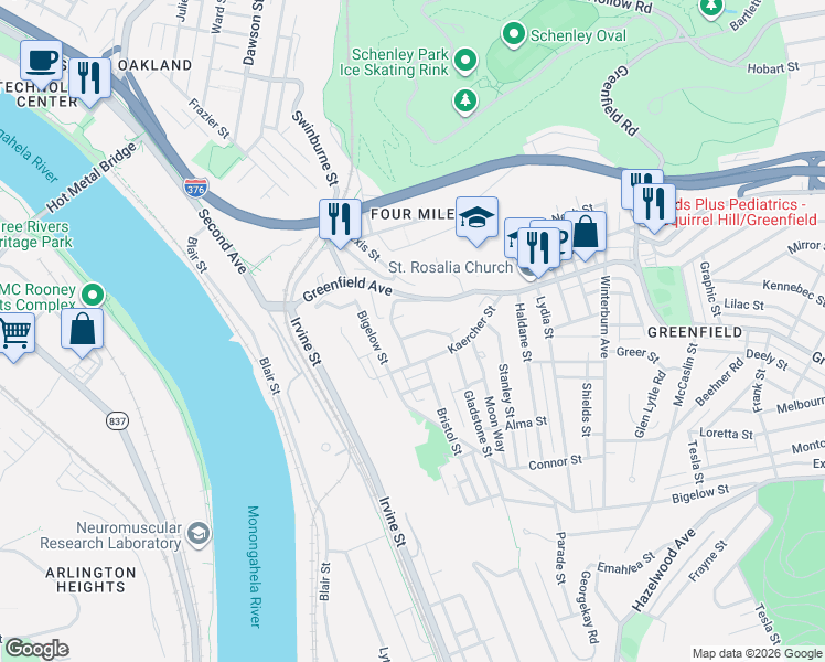 map of restaurants, bars, coffee shops, grocery stores, and more near 229 Kaercher Street in Pittsburgh