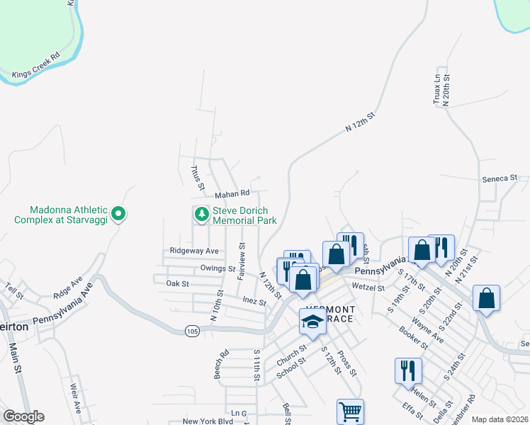 map of restaurants, bars, coffee shops, grocery stores, and more near 356 Thurman Ave in Weirton