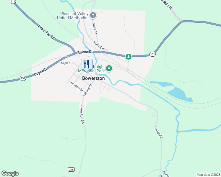 map of restaurants, bars, coffee shops, grocery stores, and more near 400 South Street in Bowerston