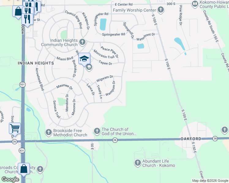 map of restaurants, bars, coffee shops, grocery stores, and more near 5805 Council Ring Boulevard in Kokomo