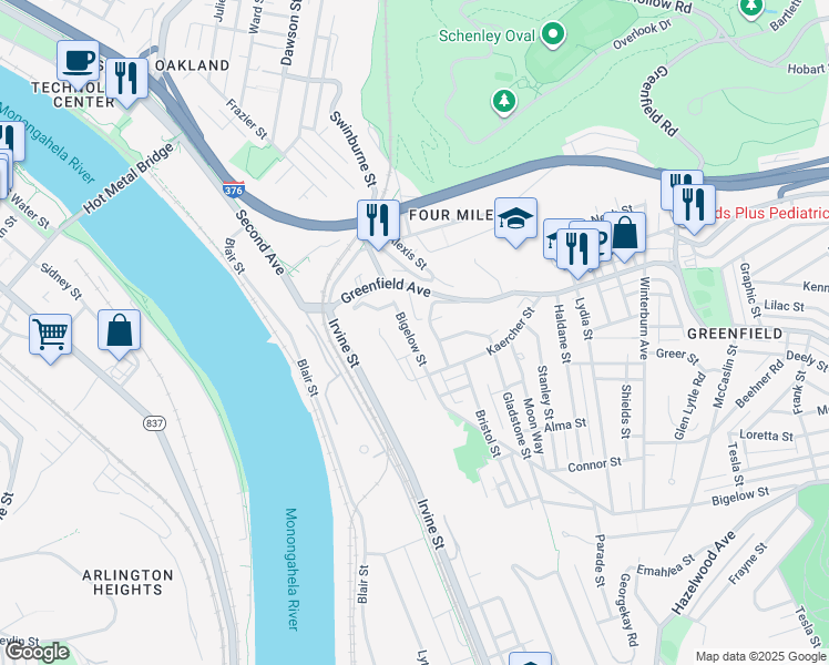 map of restaurants, bars, coffee shops, grocery stores, and more near 69 Bigelow Street in Pittsburgh