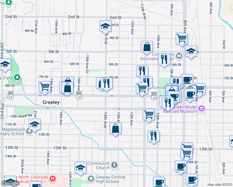 map of restaurants, bars, coffee shops, grocery stores, and more near 913 13th Avenue in Greeley