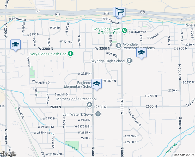 map of restaurants, bars, coffee shops, grocery stores, and more near 2885 North 250 West in Lehi