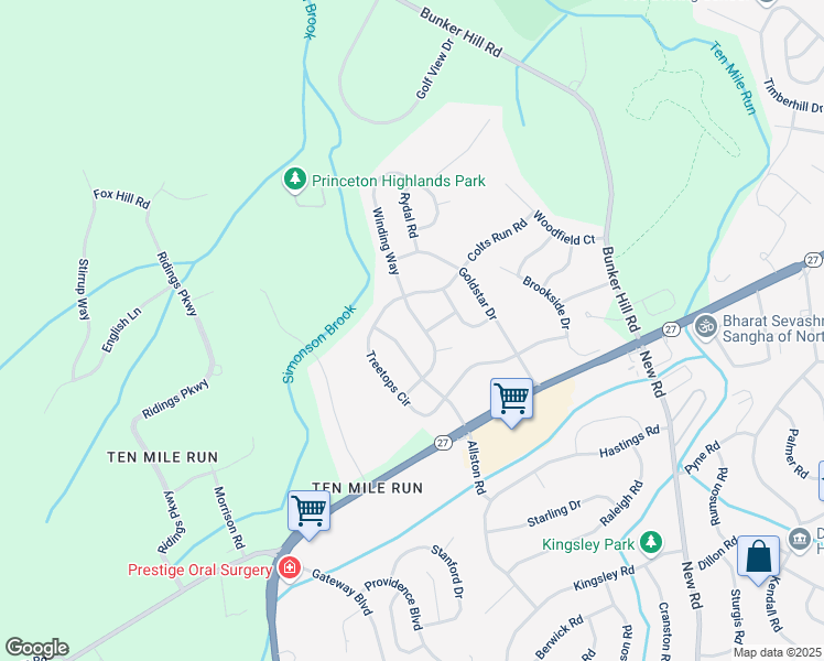 map of restaurants, bars, coffee shops, grocery stores, and more near 11 Winding Way in Princeton