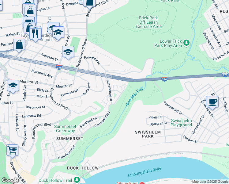 map of restaurants, bars, coffee shops, grocery stores, and more near 1103 Frick Lane in Pittsburgh
