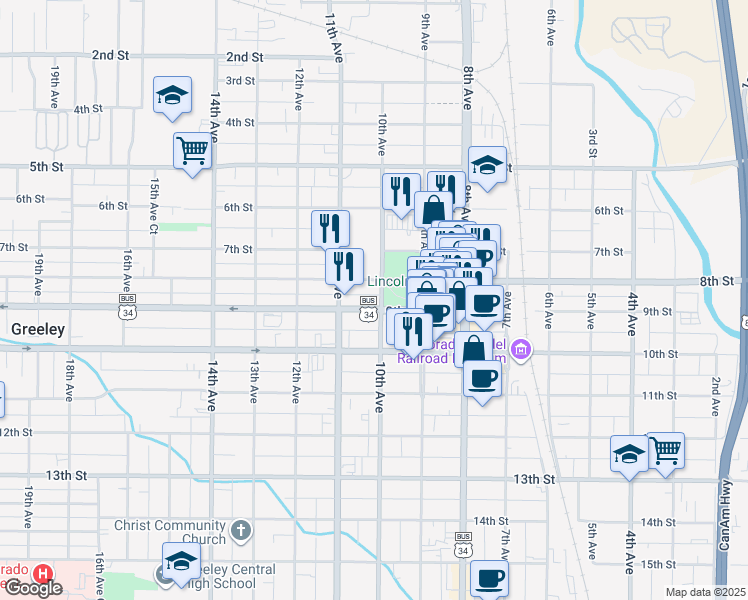 map of restaurants, bars, coffee shops, grocery stores, and more near 829 10th Avenue in Greeley