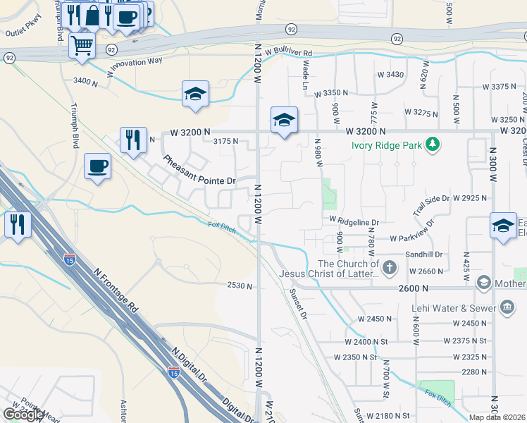 map of restaurants, bars, coffee shops, grocery stores, and more near 1194 West 2900 North in Lehi