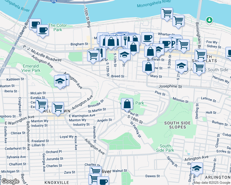 map of restaurants, bars, coffee shops, grocery stores, and more near C9 Pius Street in Pittsburgh