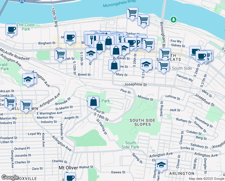 map of restaurants, bars, coffee shops, grocery stores, and more near in Pittsburgh