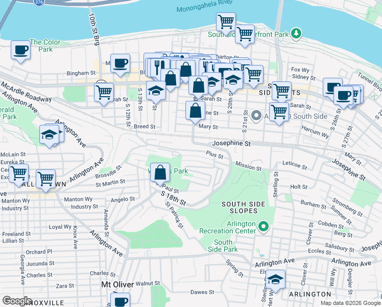 map of restaurants, bars, coffee shops, grocery stores, and more near 164 South 18th Street in Pittsburgh