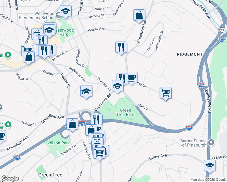 map of restaurants, bars, coffee shops, grocery stores, and more near in Green Tree