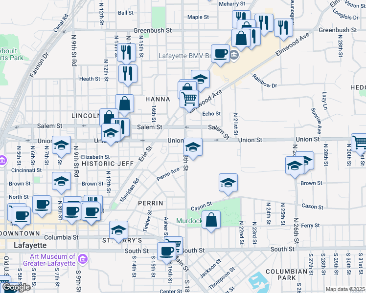 map of restaurants, bars, coffee shops, grocery stores, and more near 712 North 18th Street in Lafayette
