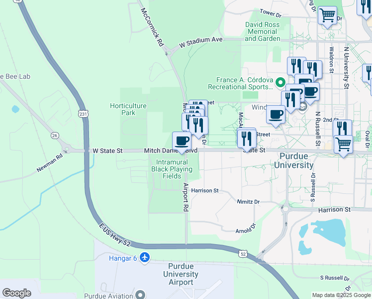 map of restaurants, bars, coffee shops, grocery stores, and more near 1 McCormick Road in West Lafayette