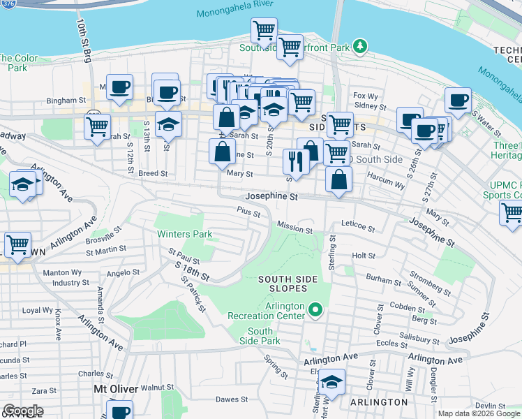 map of restaurants, bars, coffee shops, grocery stores, and more near 1936 Josephine Street in Pittsburgh