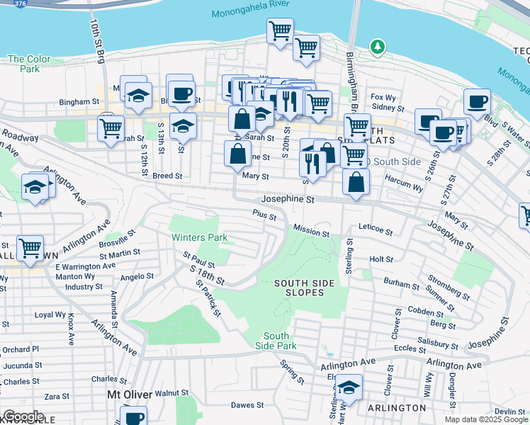 map of restaurants, bars, coffee shops, grocery stores, and more near 1936 Josephine Street in Pittsburgh