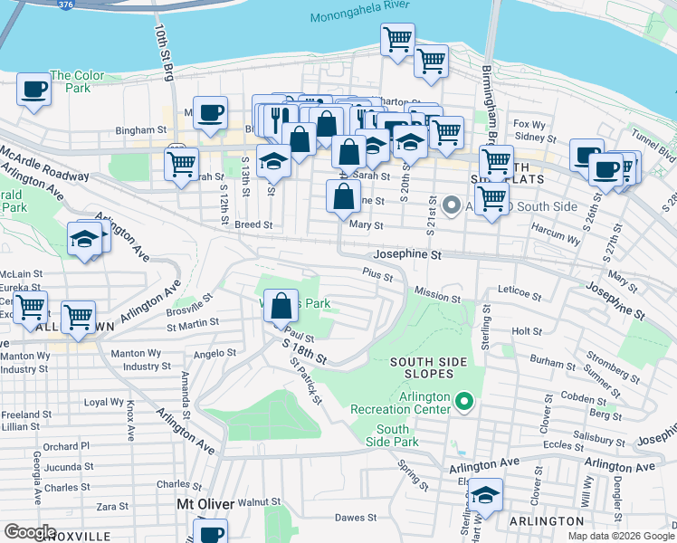 map of restaurants, bars, coffee shops, grocery stores, and more near 164 South 18th Street in Pittsburgh