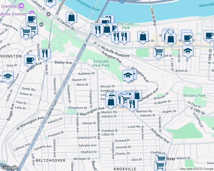 map of restaurants, bars, coffee shops, grocery stores, and more near 640 Science Street in Pittsburgh