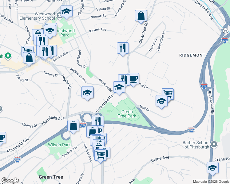 map of restaurants, bars, coffee shops, grocery stores, and more near in Green Tree