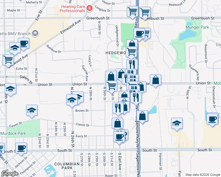 map of restaurants, bars, coffee shops, grocery stores, and more near 3024 Union St in Lafayette